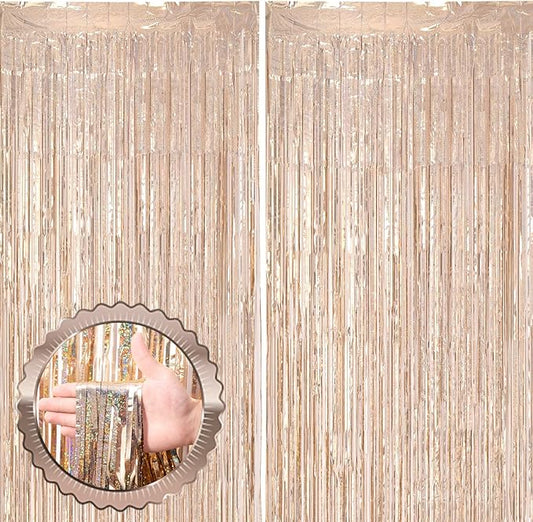 2 Pack Champagne Gold Tinsel Foil Fringe Curtains, Champagne Party Decorations, Metallic Tinsel Party Streamers Backdrop for Birthday Baby Shower Graduation Wedding Party Decorations