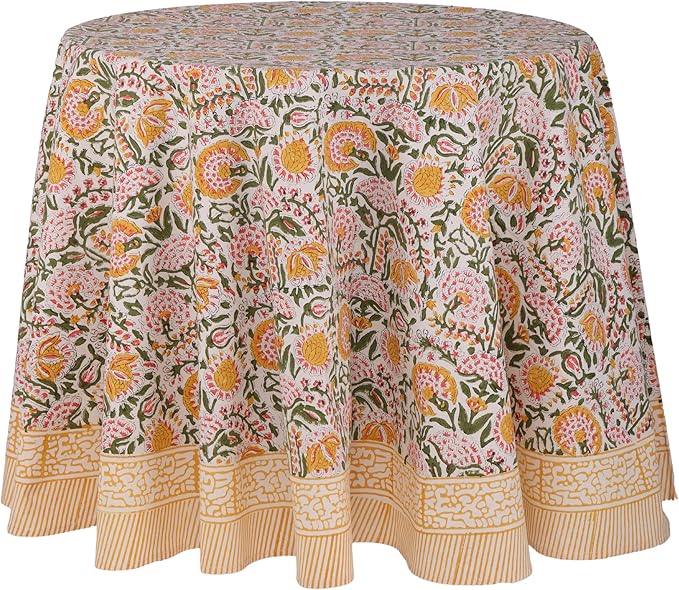 ATOSII Clover Yellow 100% Cotton Round Tablecloth, Handblock Print Floral Table Cloth for Kitchen Dining Linen I Parties, Weddings, Outdoors, Christmas, Thanksgiving I Fall Home Decor 60" Inches Round