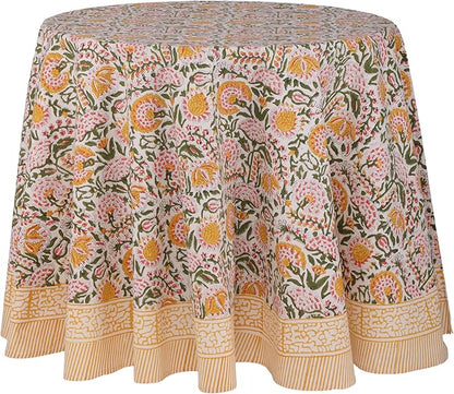 ATOSII Clover Yellow 100% Cotton Round Tablecloth, Handblock Print Floral Table Cloth for Kitchen Dining Linen I Parties, Weddings, Outdoors, Christmas, Thanksgiving I Fall Home Decor 90" Inches Round