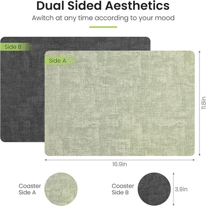 Placemats Set of 6, Faux Leather Heat Resistant Wipeable Placemats, Dual Sided Waterproof Washable Table Mats with Coaster, Suitable for Kitchen, Dining, Table Decor (6, Black Light Green)