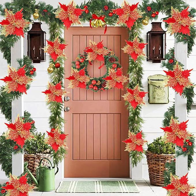 10'' Large Christmas Glitter Poinsettia Flowers Decorations, stadeco 10 Pcs Christmas Tree Picks Ornaments Artificial Flowers with Long Stems for Xmas Tree Wreath Garland Wedding Party DIY Decor