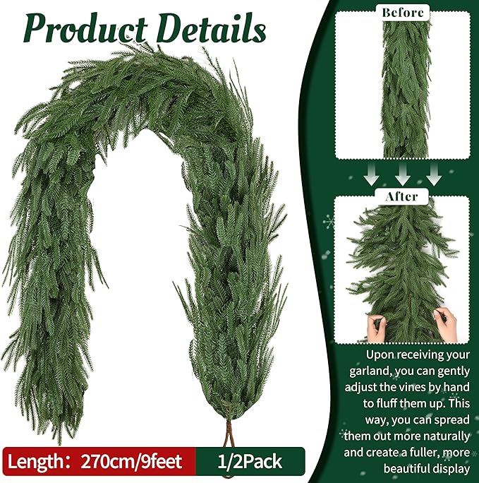 Palonu 2 Pcs 9Ft Artificial Norfolk Garland, Faux Christmas Greenery Touched Like Real Needles Pine, Decoration for Table Mantle Wall Porch Fireplace Indoor Outdoor Winter Holiday Décor