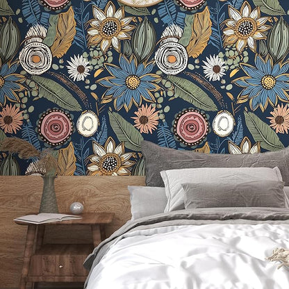 Blue Wallpaper Peel and Stick,Vintage Boho Floral Contact Paper 17.5" x 118", Retro Botanical Flower Wall Paper Self Adhesive Removable Waterproof for Walls Shelves Cabinet Table (Blue,Yellow, Green)