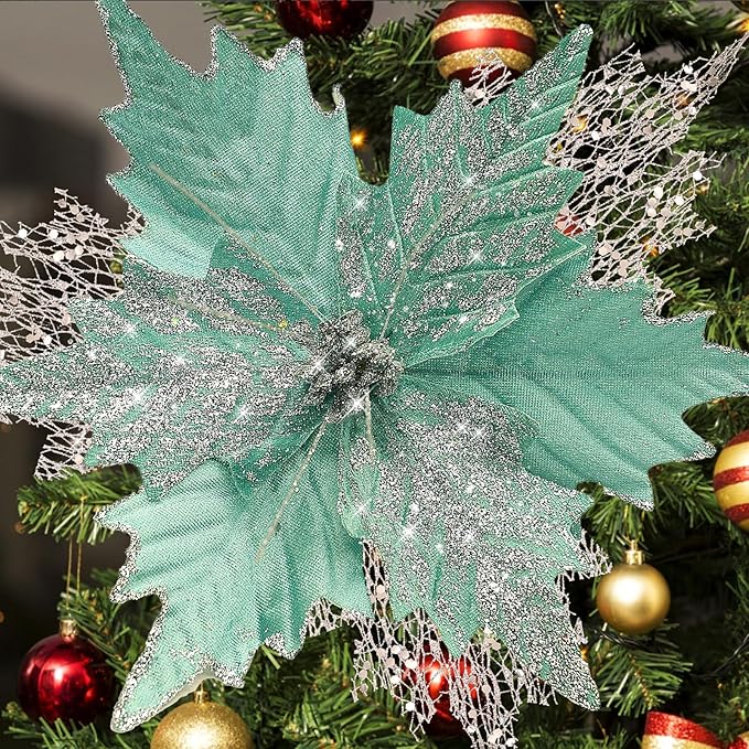 10'' Large Christmas Glitter Poinsettia Flowers Decorations, stadeco 10 Pcs Christmas Tree Picks Ornaments Artificial Flowers with Long Stems for Xmas Tree Wreath Garland Wedding Party DIY Decor