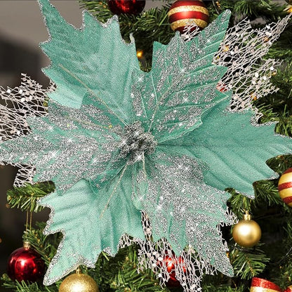 10'' Large Christmas Glitter Poinsettia Flowers Decorations, stadeco 10 Pcs Christmas Tree Picks Ornaments Artificial Flowers with Long Stems for Xmas Tree Wreath Garland Wedding Party DIY Decor