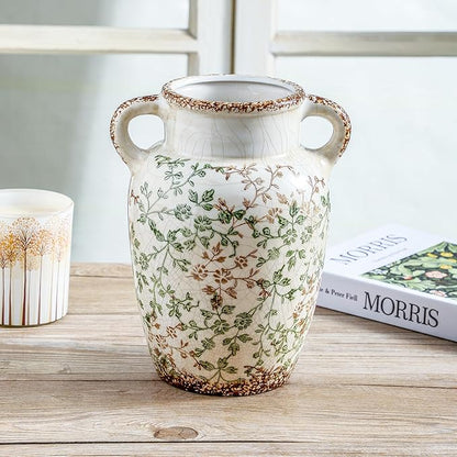 Enra Farmhouse Vintage vase with Handle,9.4 in Ceramic Chinoiserie Floral Vase,Green and Beige Decorative Flower vase,Large Rustic Vases for Home Decors, Living Room, Bookshelf, Office