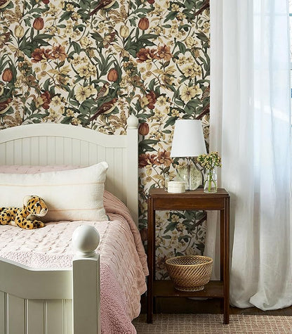 Erfoni 17.3" x 394" Birds Floral Peel and Stick Wallpaper Vintage Contact Paper for Livingroom Boho Floral and Leaf Self Adhesive Wall Paper Retro DIY Removable Wallpaper Vinyl Roll Beige