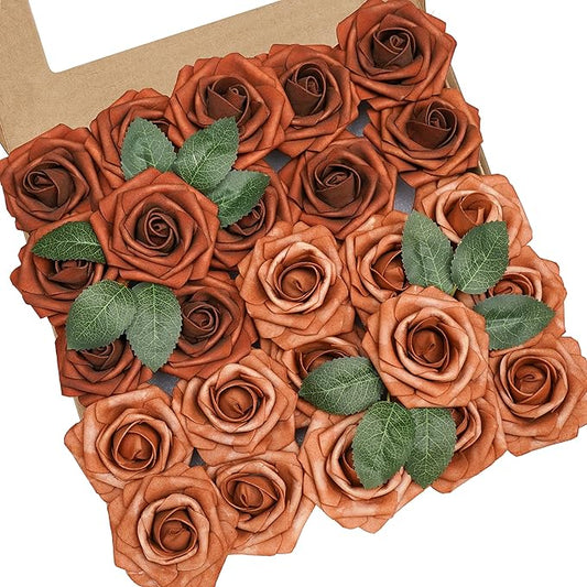 Artificial Flowers, 50pcs Artificial Rose for DIY Wedding Bouquets Centerpieces Arrangements, Shades of Terracotta Foam Roses with Stem for Bridal Shower Party Home Decorations