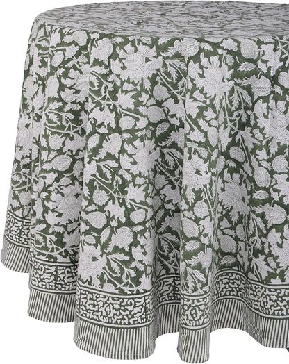 ATOSII Meraki Green 100% Cotton Round Spring Tablecloth, Handblock Print Floral Table Cloth for Kitchen Dining Linen I Parties, Weddings, Outdoors, Christmas, Easter Home Decor 90" Inches Round