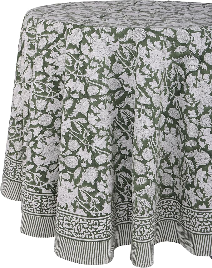 ATOSII Meraki Green 100% Cotton Round Summer Tablecloth, Block Print Floral Table Cloth for Kitchen Dining Linen I Parties, Weddings, Outdoors I Grand Millennial Home Decor 72" Inches I Memorial Day