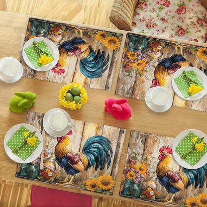Farmhouse Rooster Placemats Set of 6, Rustic Chicken Place Mats, Sunflower Dining Table Mats, Washable Placemats for Kitchen Dining Room Home Decor 18L'' × 12W''