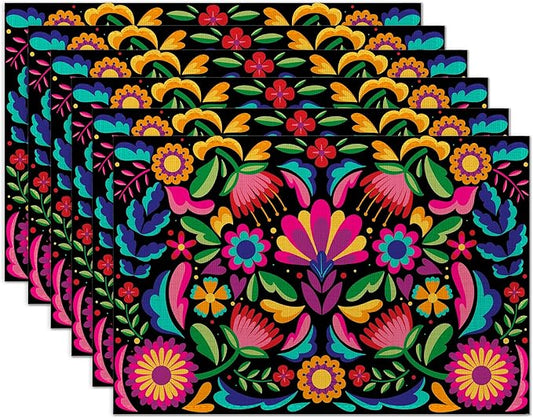 Colorful Floral Mexican Placemats Set of 6 Washable Table Mats for Kitchen Dining Table,Heat-Resistant Place Mats for Indoor Outdoor Party Holiday Decoration