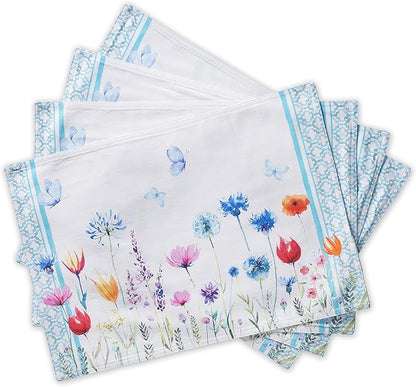 Maison d' Hermine Placemats Set of 4 100% Cotton Washable Cloth Place Mats, Reusable Table Mats for Kitchen Dining Decoration, Party, Restaurant Spring/Summer (Happy Florals - High Summer, 13" x 19")