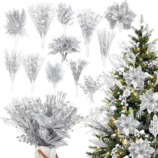 Yerliker 108 Pcs Sliver Glitter Christmas Picks and Sprays, 12 Styles Artificial Christmas Floral Berry Branches Flowers Stems for Xmas Tree Ornaments Wreath Garland DIY Vase Holiday Party Decor