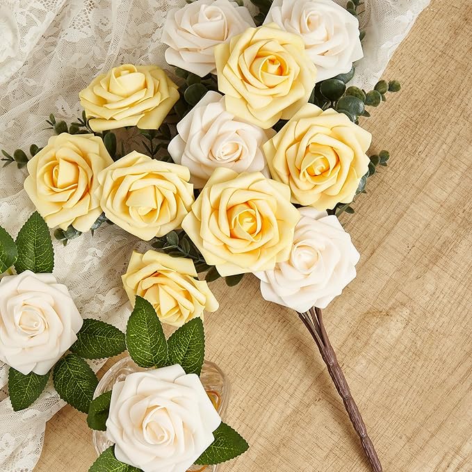 Artificial Flowers, 50pcs Creamy Yellow and Ivory Artificial Rose for DIY Wedding Bouquets Centerpieces Arrangements, Fake Flower with Stems for Party Home Decorations