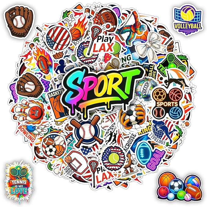 100 PCS Sports Collage Stickers Pack, Vinyl Waterproof Decals of Soccer Basketball Baseball Tennis Football Hockey Bowling, Motivational Gift for Teens Adults Wall Laptop Water Bottle