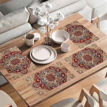 Retro Boho Carpet Placemats Set of 4,Boho 12x18 Inch Non-Slip Washable Heat Resistant Linen Fabric Table Mats,Place Mats for Holiday Party