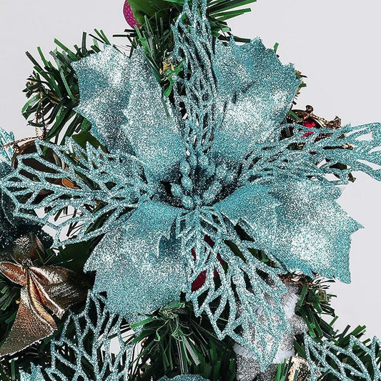 RECUTMS Pack of 10 Glitter Poinsettia Christmas Flowers Decorations Christmas Tree Ornaments,Artificial Wedding Christmas Flowers Wreaths Wedding Ornaments 6"(16cm) Diameter(Blue)