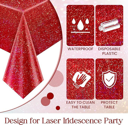 2 pcs Red Holographic Laser Tablecloths for Parties 40" x 108" Christmas Table Cloth Iridescence Shining Table Decoration For 4th July Graduation Patriotic Casino Night Theme Birthday Party Supplies