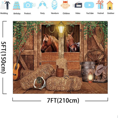 SVBright Western Cowboy Backdrop Stable Backdrop 7Wx5H Garage Door Wild West Horse Brown Barn Door Old Wood Wheels Boy Man Birthday Decorations Photography Background Photo Booth Studio