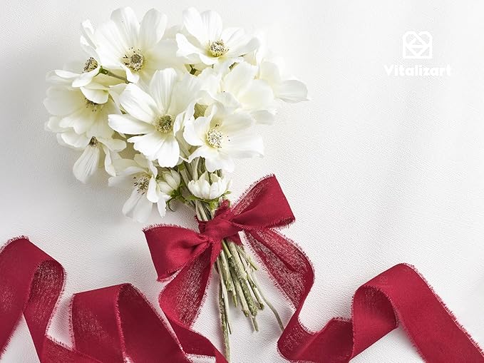 Vitalizart Burgundy Red Ribbon 1-1/2" x 15 Yd 100% Cotton Handmade Frayed Fringe Fabric Ribbons for Gift Wrapping Wedding Invites Bridal Shower Bouquets Christmas Decorations