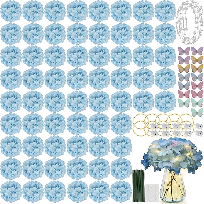 64PCS Artificial Hydrangea Flowers with Stems, Silk Flower Heads with 15 Butterfly, Crystal Strings and LED Lights for Wedding Arch, Centerpiece, Home, Garden Party Décor (64, Blue)