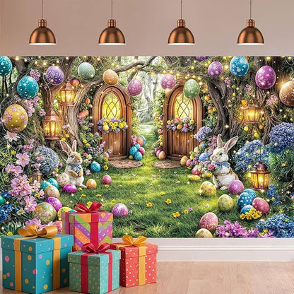 12X10ft Enchanted Forest Easter Backdrop Fairy Tale Rabbit Magic Garden Easter Egg Wonderland Floral Photography Background for Kids Girls Party Decoration Cake Table Photo Booth Props