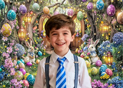 7X5ft Enchanted Forest Easter Backdrop Fairy Tale Rabbit Magic Garden Easter Egg Wonderland Floral Photography Background for Kids Girls Party Decoration Cake Table Photo Booth Props