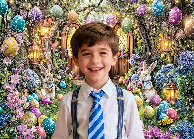 5X3ft Enchanted Forest Easter Backdrop Fairy Tale Rabbit Magic Garden Easter Egg Wonderland Floral Photography Background for Kids Girls Party Decoration Cake Table Photo Booth Props
