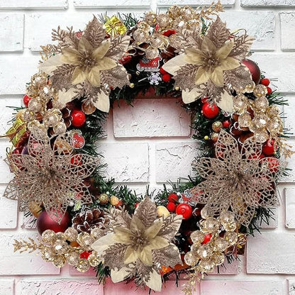 24Pcs Christmas Poinsettia Artificial Flowers and Glitter Berries Kit, 2 Styles Total 16Pcs Christmas Tree Flowers Ornaments, 8Pcs Christmas Tree Picks for Wedding Holiday Decorations, Champagne
