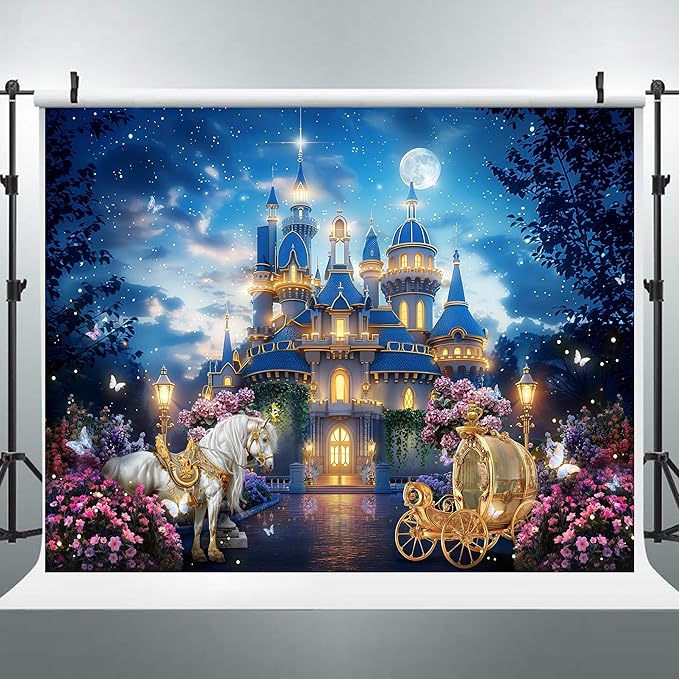 Riyidecor Princess Castle Backdrop Vinyl Fairy Tale Garden Floral Starry Night Moon Horse Carriage 10Wx8H Feet Butterfly Wonderland Photography Background Birthday Baby Shower Photo Studio Shoot