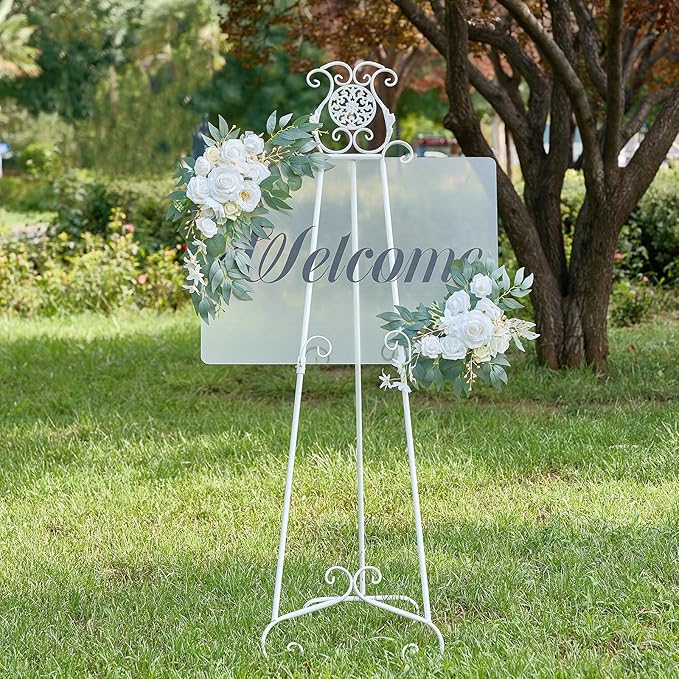 Wedding Arch Flowers, 2 Pack Floral Swag for Wedding Welcome Sign Decorations, Artificial White Roses Greenery Garland for Ceremony and Reception Backdrop Decor