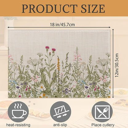 Summer Flower Placemats Set of 6,Washable Heat Resistant 12×18 Inch Linen Table Mats Fall Meadow Herbs Place Mats for Party Outdoor Dining Décor