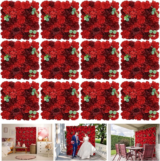 Artificial Flower Panels for Wall Backdrop 12Pack- 3D Floral Mat Silk Rose Hydrangea for Home Party Wedding Birthday Photo Background, Festival & Event Wall Décor（15 * 15 * 6.7inches, Dark Red）