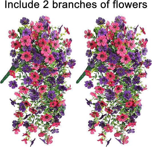 Artificial Faux Hanging Flowers Plants for Spring Outdoor Outside Decoration, 2 PCS Fake Silk Daisy with Eucalyptus UV Resistant Realistic Trailing Vines for Balcony Patio Porch (Darkpurple+Hotpink)
