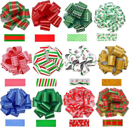 JOYIN 24 PCS Christmas Wrap Ribbon Pull Bows (5" Wide); Easy and Fast Gift Wrapping Accessory for Presents, Bows, Baskets, Wine Bottles Decoration, Xmas Gift Wrapping and Decoration Present