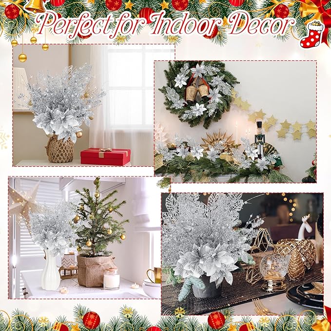 18 Pack 3 Styles 17 Inch Christmas Glitter Poinsettia Berry Stems Ornaments Artificial Floral Branches Picks for Christmas Tree Home Vase Holiday Party Decor(Silver)