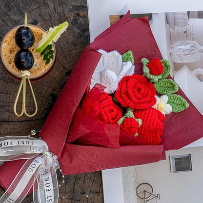 Crochet Flower Bouquet Red Rose, Handmade Knitted Flowers for Halloween Home Decor, Birthday, Wedding, Anniversary, Graduation Gift for Her, Girlfriend, Wife, Womeng (Red)