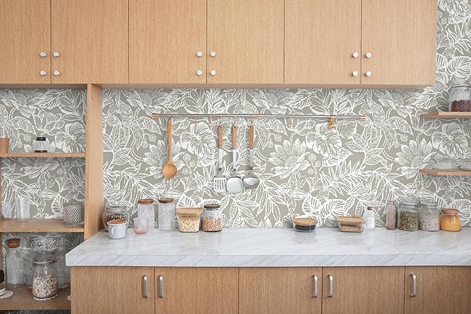 Peel and Stick Wallpaper Vintage Wall Paper Boho Contact Paper Bedroom Bathroom Wallpaper Peel and Stick Grey Brown Tropical Leaf Removable Self-Adhesive Wall Decor 17.3" x 197"
