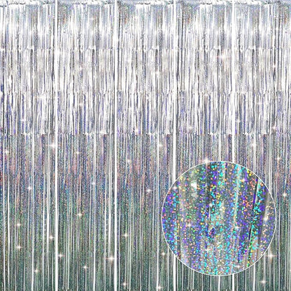 GOER 3.2 ft x 8.2 ft Metallic Tinsel Foil Fringe Curtains Party Photo Backdrop Party Streamers for Birthday,Graduation,New Year Eve Decorations Wedding Decor (5 Packs,Shiny Silver)