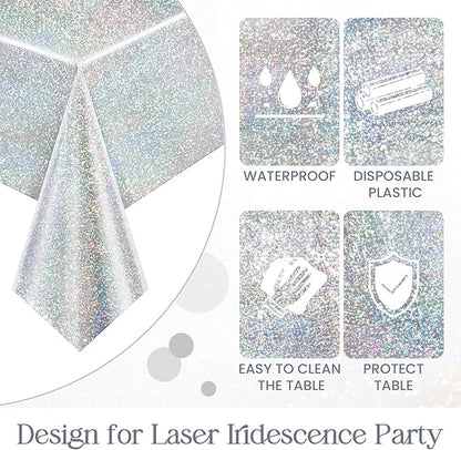 8 pcs Silver Holographic Tablecloths Shiny Disco Laser Table Cloths 40" x 108" Iridescence Plastic White Table Cover for Birthday Party Decoration Wedding Christmas Winter Grad Party Supplies