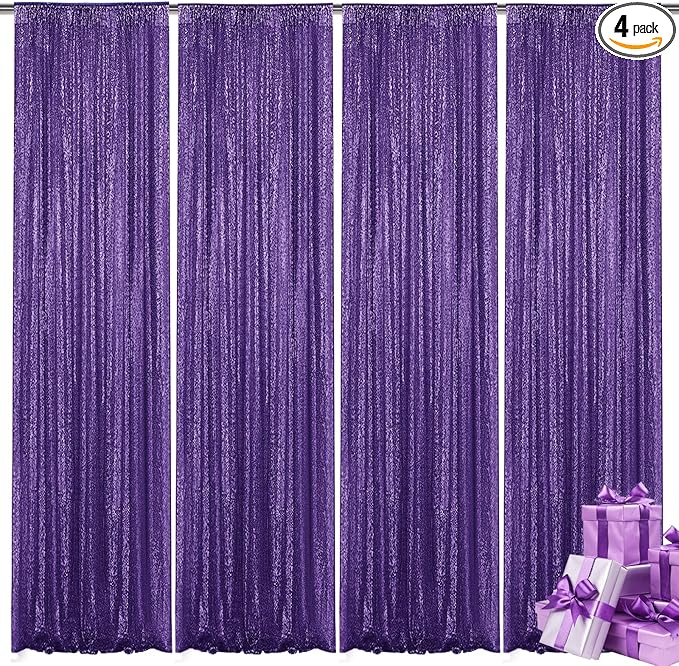 Purple Sequin Backdrop Curtain 4 Pieces 2FTx8FT Glitter Photography Backdrop for Party Wedding Birthday Christmas Decorations