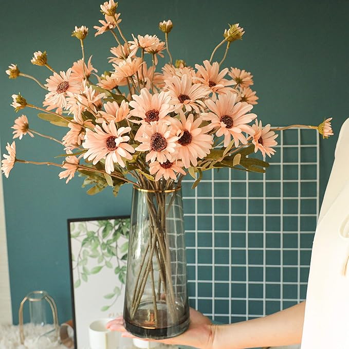 12pcs Gerbera Daisy Artificial Flowers 20 Inch Long Stem Artificial Daisy Mums for Home Décor Centerpiece Wedding Bridal Bouquet DIY(Light Champagne)