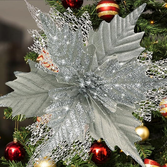 10'' Large Christmas Glitter Poinsettia Flowers Decorations, stadeco 10 Pcs Christmas Tree Picks Ornaments Artificial Flowers with Long Stems for Xmas Tree Wreath Garland Wedding Party DIY Decor