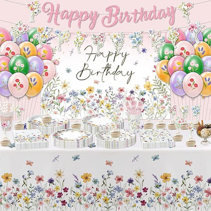 Wildflower Party Supplies, Floral Party Decorations Tableware, Plate, Napkins, Cup, Cutlery, Tablecloth, Backdrop, Banner, Spring Summer Flower Decorations For Birthday, Baby Shower, Serve 24