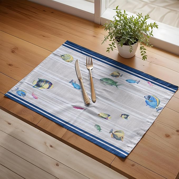 Maison d' Hermine Placemats Set of 4 100% Cotton Washable Cloth Place Mats, Reusable Table Mats for Kitchen Dining Decoration, Party, Wedding, Restaurant Spring/Summer (Poisson, 13" x 19")