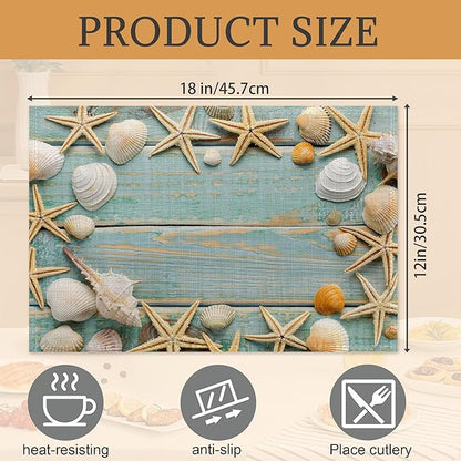 Beach Starfish Placemats Set of 6,Washable Heat Resistant 12×18 Inch Linen Table Mats Coastal Place Mats for Party Outdoor Dining Décor