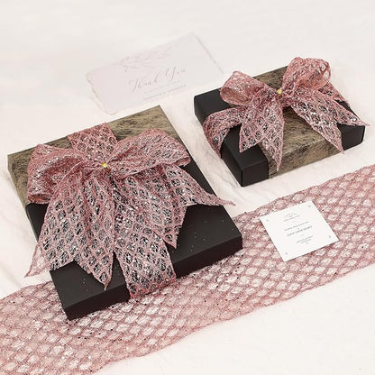 VATIN 4" Rose Gold Christmas Ribbon, Rose Gold Glitter Mesh Diamond Web Sequin Dots Wired Christmas Ribbon for Gift Wrapping Bow Making Wreath Supply-10 Yards