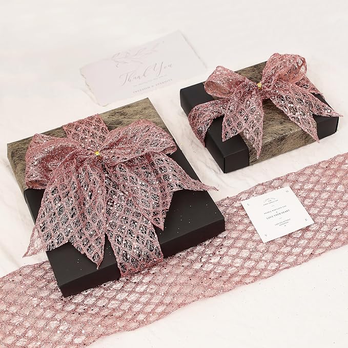 VATIN 2-1/2" Rose Gold Christmas Ribbon, Rose Gold Glitter Mesh Diamond Web Sequin Dots Wired Christmas Ribbon for Gift Wrapping Bow Making Wreath Supply-10 Yards