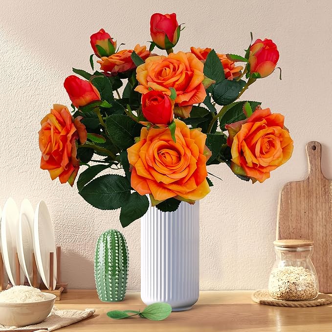 ATFL Fake Sunset Red Flowers, 6 Pcs Faux Silk Real Touch Moisturizing Artificial Rose Flowers for Wedding Decor,Flores Irosas Artificiales para Decoracion(6, Orange)